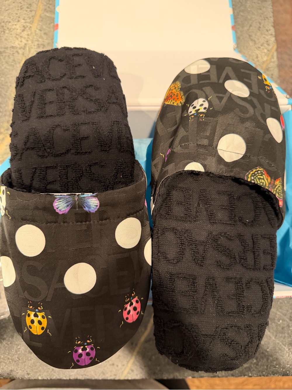NWT- never worn- Womens Versace Black Polka Dot & Bug Print Slip-On Slippers